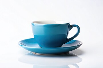Fototapeta premium Wide-angle modern minimalist tea cup isolated on white background with blue glazed surface