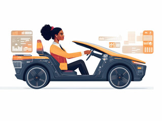 Fototapeta premium Flat Businesswoman Driving Autonomous Car with Abstract Digital Interface - Medium Shot Illustration of Innovation in Future Transportation and Business Mobility in Sleek Vector Design