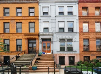 Old brownstone style apartment buildings or townhouses in New York City