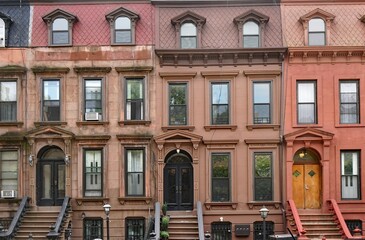 Old brownstone style apartment buildings or townhouses in New York City
