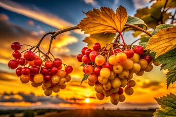 Fototapeta premium Silhouette Photography of Yellow Fruits of Guelder Rose, Xanthocarpum Viburnum Opulus, Against a Sunset Background, Nature's Beauty, Botanical Art, Fruit Silhouettes