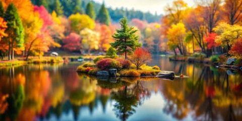 Small Overgrown Forest Lake in Fall - Tranquil Autumn Scene with Vibrant Foliage, Reflective Water, Miniature Landscape, Nature's Beauty, Tilt-Shift Photography Effect
