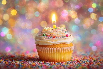 Colorful Cupcake with Candle and Sprinkles