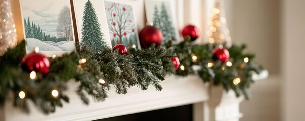 Festive mantel decorated with garland, red ornaments, and holiday art, creating a warm Christmas atmosphere.