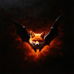 A fox with bat wings, over a dark and smoky background, surreal artwork.