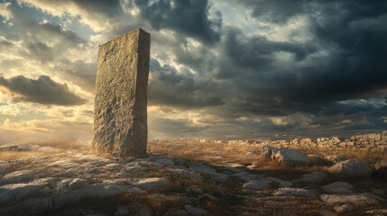 Ancient Stone Monolith, Dramatic Sky, Ruins, Sunset, Landscape