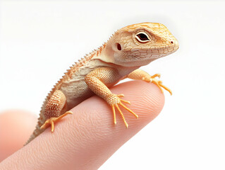 Obraz premium Flat Macro Lizard perching on Child's Finger Close-up Capturing Delicate Interaction Textures Skin Scales Ambient Natural Light Peaceful Scene