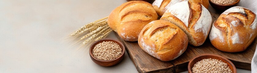 Freshly baked bread rolls on a rustic wooden table with grains. Perfect for bakery and food related themes.