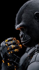 A robotic gorilla with glowing mechanical hand, dramatic lighting, and a black background.