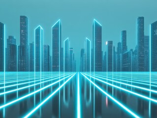 Fototapeta premium Futuristic cityscape featuring neon lights and glowing lines, creating a captivating digital environment.