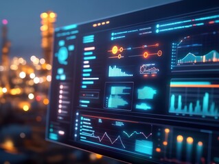 Obraz premium Futuristic data visualization on a digital screen showcasing graphs and analytics in an industrial setting at night.