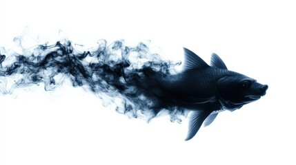 Fototapeta premium Black fish silhouette with smoke trail on white isolated background.