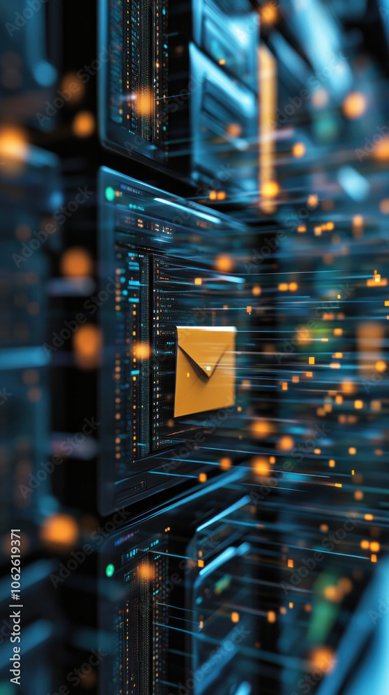 Poster a computer server room with a yellow envelope in the middle. the envelope is surrounded by a lot of 