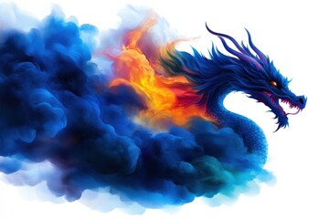 Obraz premium Colorful dragon with vibrant smoke, white isolate background.
