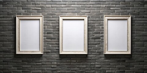 Three blank picture frames on black brick wall, interior design, home decor, gallery, empty frames, copy space