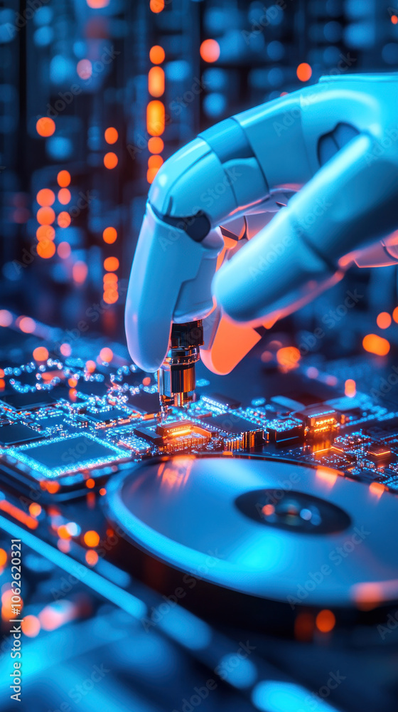 Poster a robot is touching a computer chip. the robot is white and the computer chip is blue. the image has