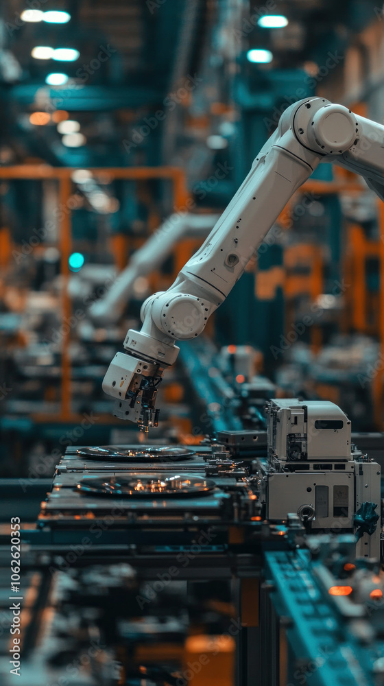 Poster a robot is working on a machine in a factory. the robot is white and has a long arm. the factory is 