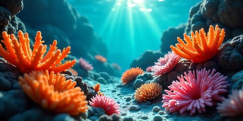 A vibrant underwater scene showcasing pink and orange anemones on the ocean floor