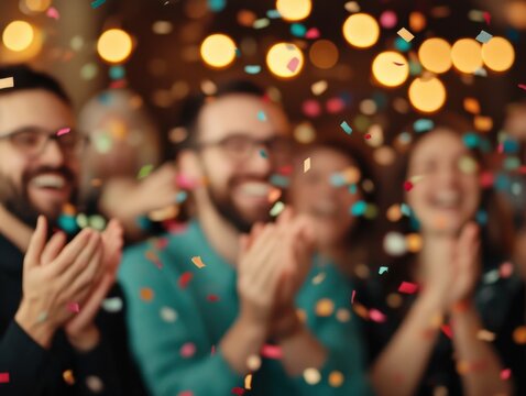 Joyful celebration with smiling people clapping and colorful confetti falling, creating a festive atmosphere full of happiness.