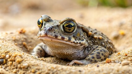 Fototapeta premium Wide-Angle Natterjack toad Epidalea calamita hiding in the sand of Kalmthout Heath