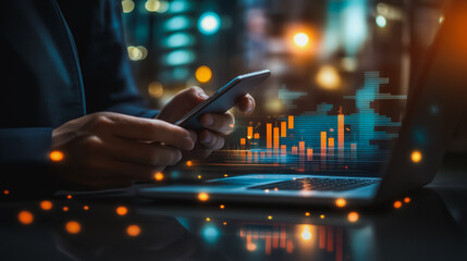 Fototapeta premium Business person evaluates metrics for charts and graphs with statistics to innovative analyze business potential and forecast future development of companies growth., setting goals for expansion.