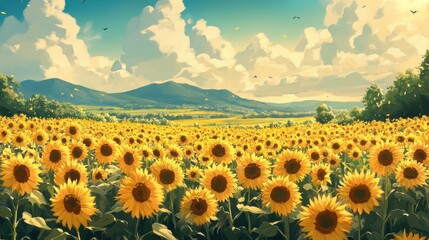Obraz premium Sunflowers background, summer landscape with many sunflowers in oil painting style illustration.