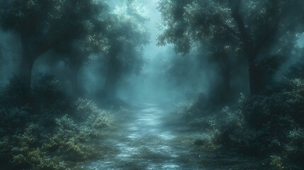 Mysterious Forest Trail Covered in Fog, Flanked by Tall Trees and Soft Ground Cover, Creating an Enigmatic and Serene Atmosphere
