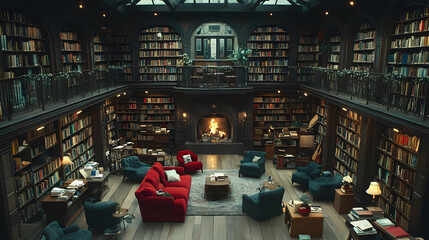 Obraz premium Cozy Library Interior with Fireplace and Bookshelves - Photo