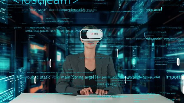 IT developer typing computer code for analyzing intelligent website development coder system data selection by VR innovation interface digital network technology visual hologram server. Contraption.