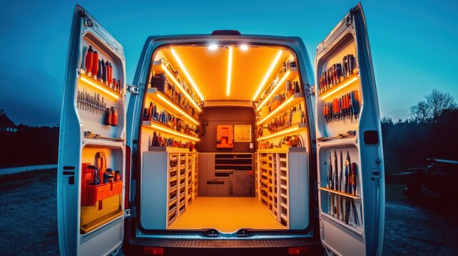 Stylish and organized work van interior with bright LED lights and neatly arranged tools, perfect for professionals and DIY enthusiasts.