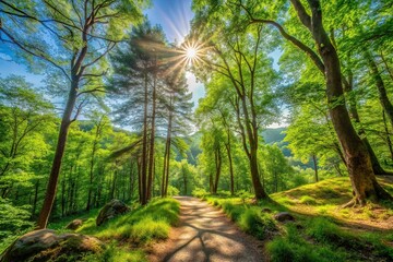 Obraz premium Wide-angle nature trekking for relaxation with green trees, soft sunlight, and shade