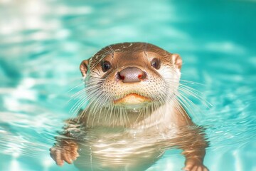 Fototapeta premium Curious Otter Swimming in Clear Water