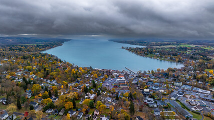 Aerial photo of fall foliage surrounding the Town of Skaneateles, Skaneateles Lake, Onondaga...