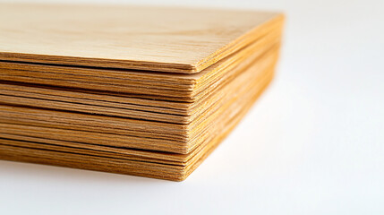 stack of wooden plywood sheets close up on white background