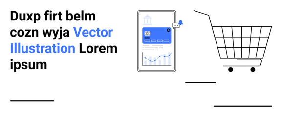 Fototapeta premium Tablet displaying website analytics next to a shopping cart. Ideal for e-commerce, online shopping, digital marketing, website analytics, mobile commerce, retail strategies, and business conversion