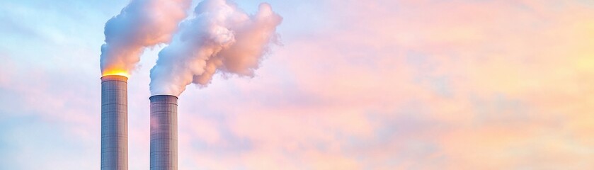 Two towering smokestacks release white smoke against a pastel sky at sunset, symbolizing industry and environmental impact.