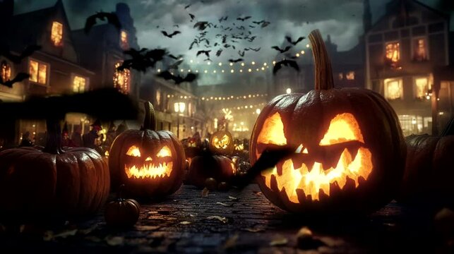 A haunted pumpkin carving contest in a town square. seamless looping time-lapse virtual 4k video animation background