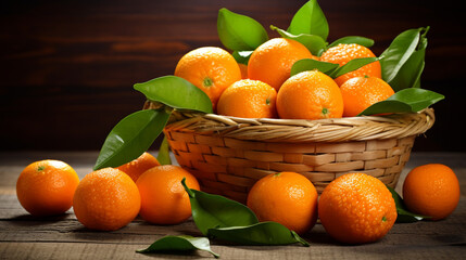 A basket of tangerines on the table on a wooden background