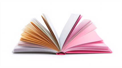 open pink and beige book with blank pages isolated on white background