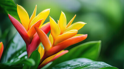 Obraz premium Closeup of Colorful and Vibrant Tropical Flowers Blooming in Lush Green Foliage with Bright Yellow Orange and Red Petals Exotic and Ornamental Floral Background with Botanical and Natural Elements