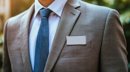 Close-up of a Man in a Suit with a Blank Name Tag