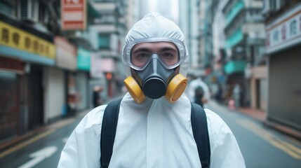 Person wearing protective face mask walking alone on a deserted urban street during a global pandemic crisis  The image symbolizes the impact of a viral outbreak on daily life isolation