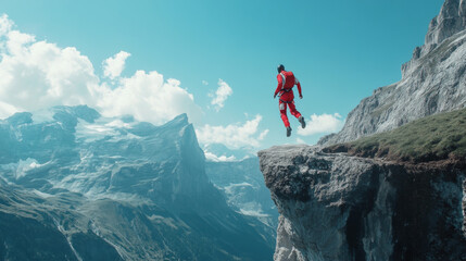 Fototapeta premium BASE Jumper Red Suit Alps Cliff Jump