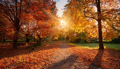 Fototapeta premium Peaceful Autumn Path with Falling Leaves