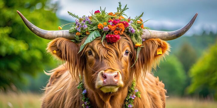 Scottish highlander cow adorned with an explosion of festive flowers , Scottish highlander, cow, explosion, flowers