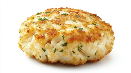 Fototapeta premium Tasty Maryland crab cakes, isolated on white, golden brown with herb garnish