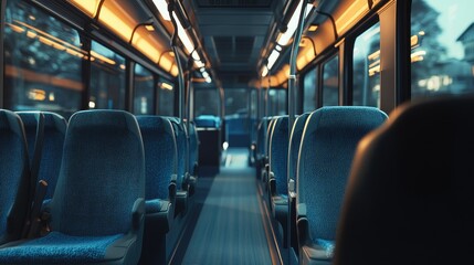 Naklejka premium The interior of a public bus with blue seats, shown from the front aisle, with a view of the spacious seating arrangement and large windows.