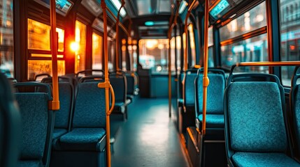 Fototapeta premium The interior of a public transportation bus, focusing on the clean blue seats and empty aisle, with a bright and spacious layout.