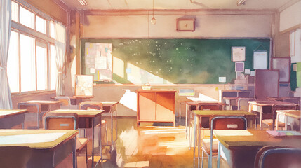 日本の学校教室｜夕方の光が差し込む静かな教室風景