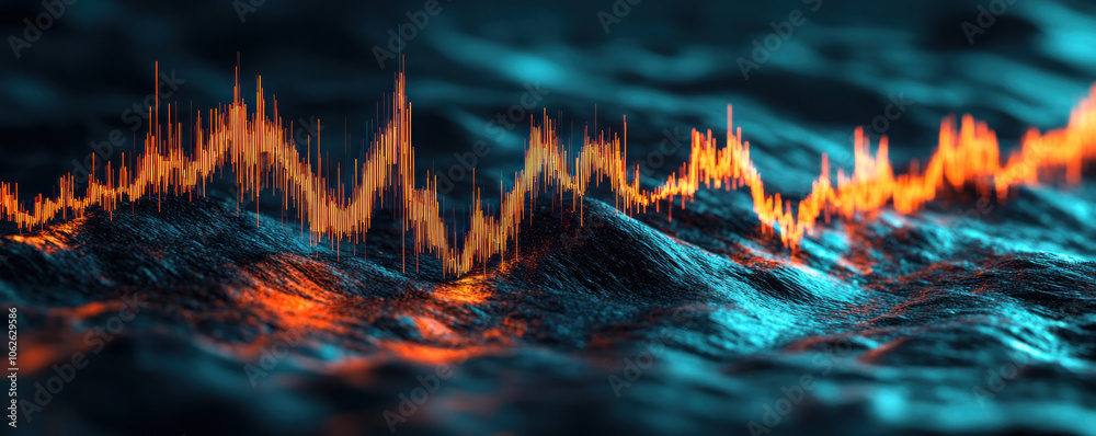 Poster a computer generated image of a wave with orange lines on it. the image has a futuristic and abstrac